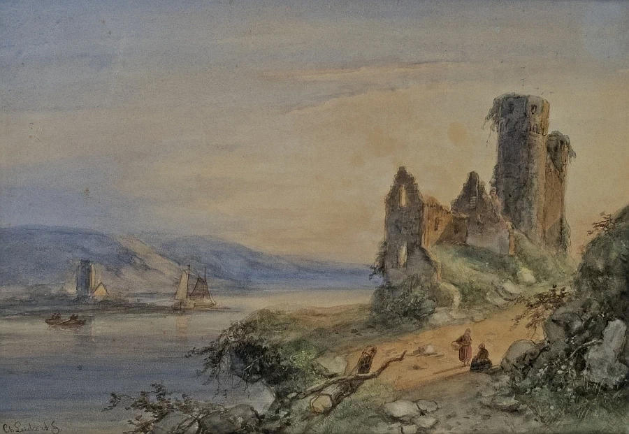 Charles Leickert - Paesaggio serale del Reno con rovine, 1907